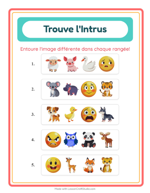 Aperçu de la fiche L'intrus avec Animaux pour École maternelle (grande section, 5-7 ans)
