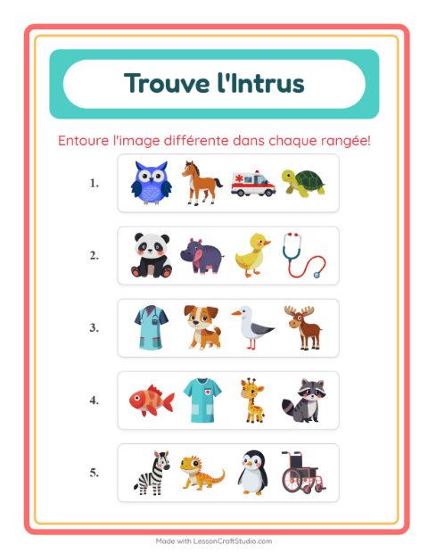 Aperçu de la fiche L'intrus avec Animaux pour École maternelle (grande section, 5-7 ans)