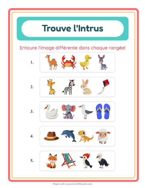 Aperçu de la fiche L'intrus avec Animaux pour École maternelle (grande section, 5-7 ans)