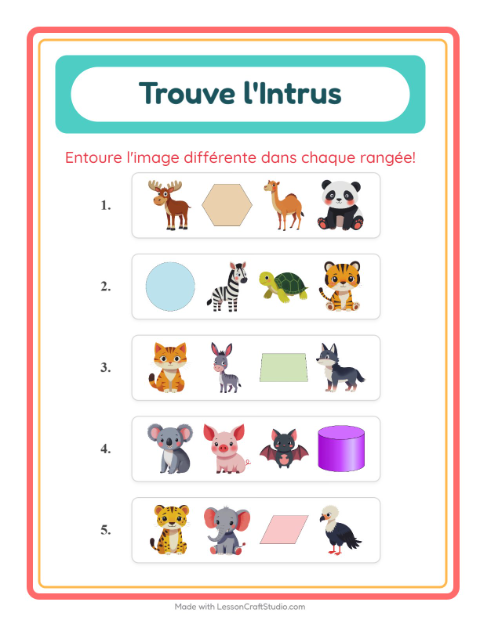 Aperçu de la fiche L'intrus avec Animaux pour École maternelle (grande section, 5-7 ans)
