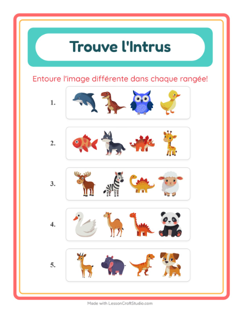 Aperçu de la fiche L'intrus avec Animaux pour École maternelle (grande section, 5-7 ans)