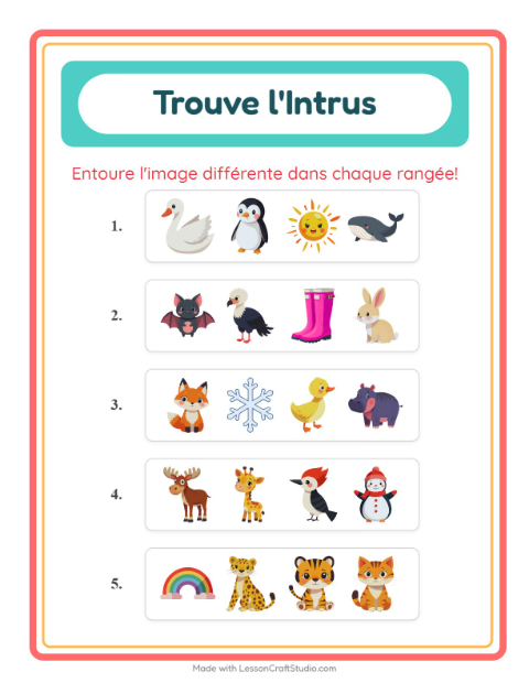 Aperçu de la fiche L'intrus avec Animaux pour École maternelle (grande section, 5-7 ans)