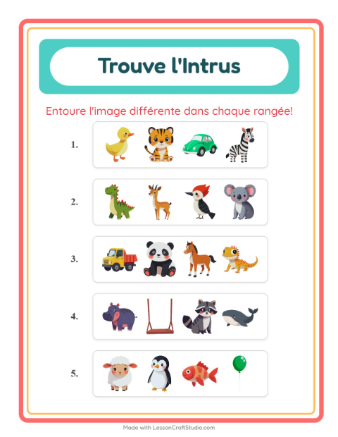 Aperçu de la fiche L'intrus avec Animaux pour École maternelle (grande section, 5-7 ans)