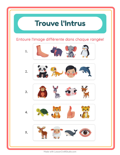 Aperçu de la fiche L'intrus avec Animaux pour École maternelle (grande section, 5-7 ans)