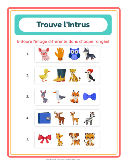 Aperçu de la fiche L'intrus avec Animaux pour École maternelle (grande section, 5-7 ans)