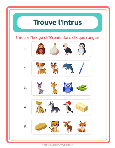 Aperçu de la fiche L'intrus avec Animaux pour École maternelle (grande section, 5-7 ans)