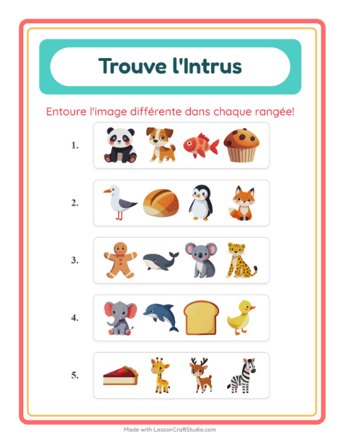Aperçu de la fiche L'intrus avec Animaux pour École maternelle (grande section, 5-7 ans)
