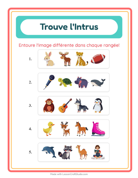 Aperçu de la fiche L'intrus avec Animaux pour École maternelle (grande section, 5-7 ans)