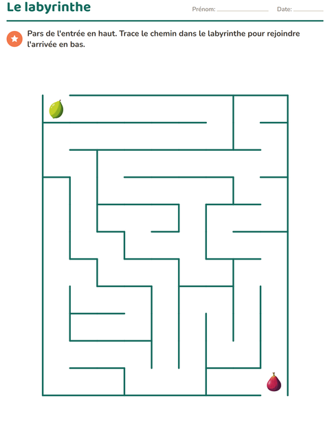 Aperçu de la fiche Labyrinthes avec Fruits pour École maternelle (grande section, 5-7 ans)