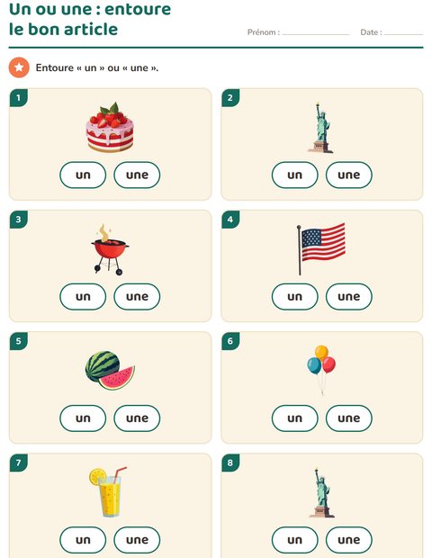 Aperçu de la fiche Le ou la avec 4 juillet pour École maternelle (grande section, 5-7 ans)