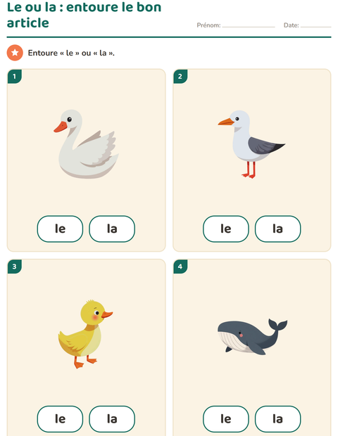Le ou la : quatre animaux et deux étiquettes à entourer