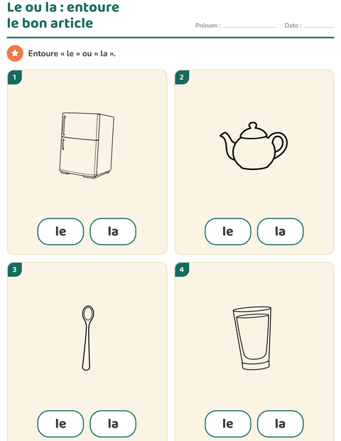 Aperçu de la fiche Le ou la avec Cuisine NB pour École maternelle (grande section, 5-7 ans)
