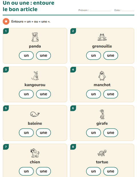 Aperçu de la fiche Le ou la avec Animaux NB pour École maternelle (grande section, 5-7 ans)
