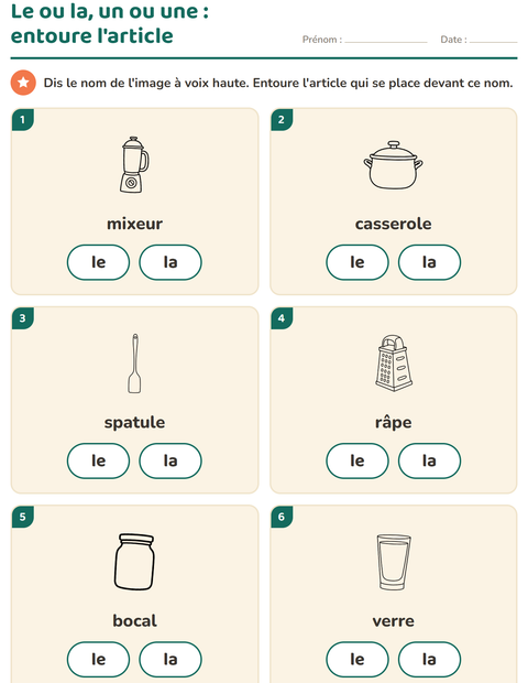 Aperçu de la fiche Le ou la avec Cuisine NB pour École maternelle (grande section, 5-7 ans)