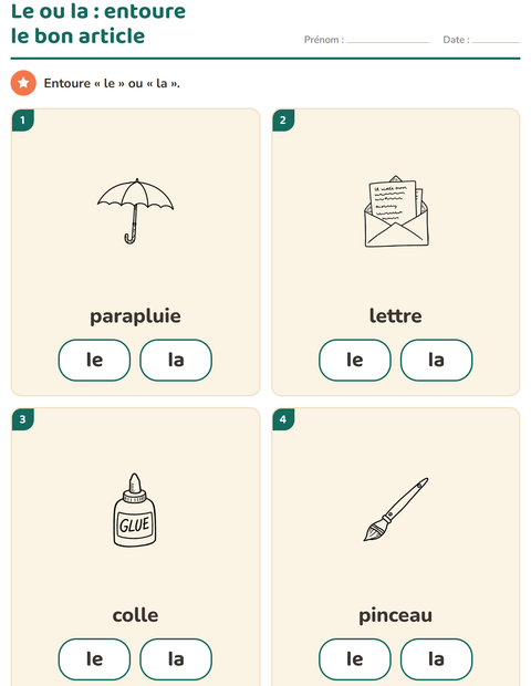 Aperçu de la fiche Le ou la avec Éducation NB pour École maternelle (grande section, 5-7 ans)