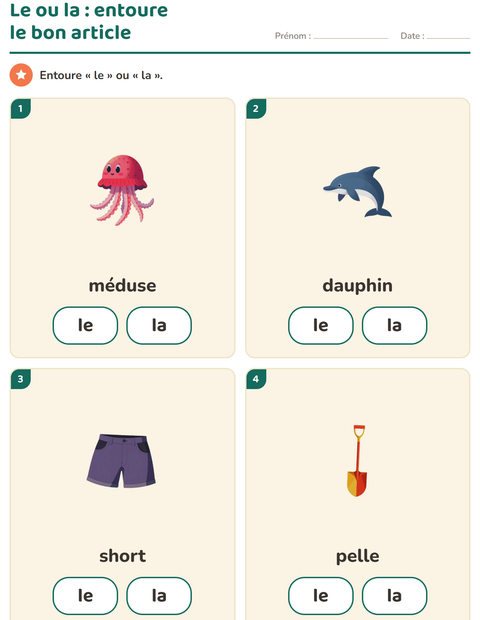 Aperçu de la fiche Le ou la avec Été pour École maternelle (grande section, 5-7 ans)