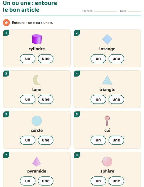 Aperçu de la fiche Le ou la avec Formes pour École maternelle (grande section, 5-7 ans)