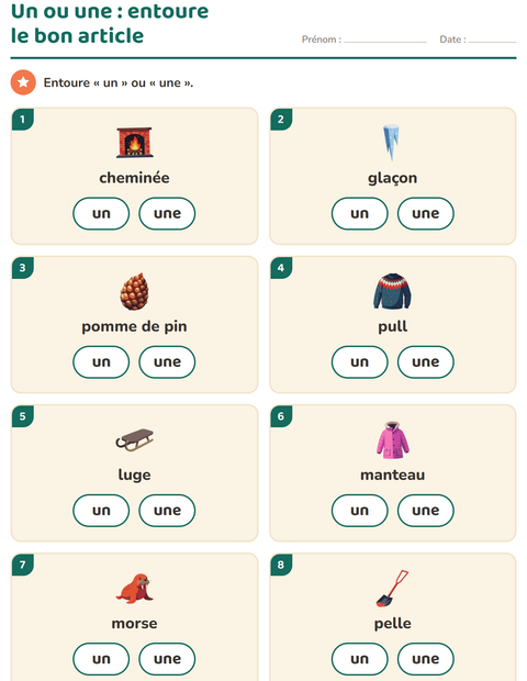 Aperçu de la fiche Le ou la avec Hiver pour École maternelle (grande section, 5-7 ans)