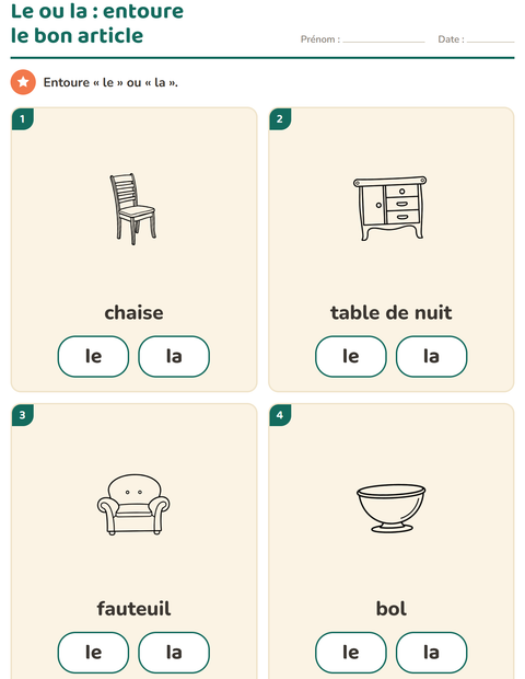 Aperçu de la fiche Le ou la avec Meubles NB pour École maternelle (grande section, 5-7 ans)