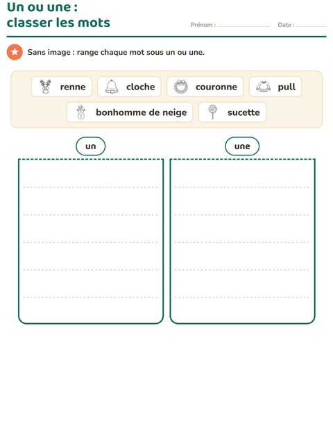 Aperçu de la fiche Le ou la avec Noël N&B pour CP (cours préparatoire)