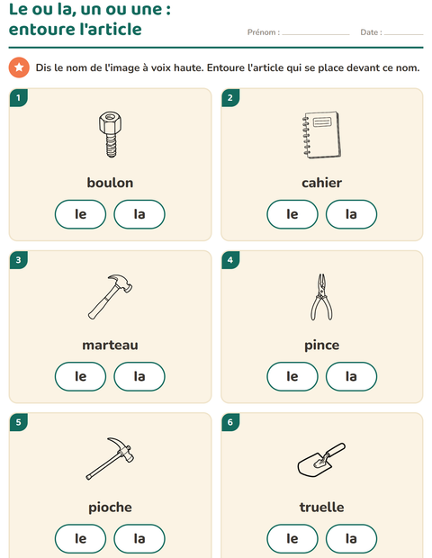 Aperçu de la fiche Le ou la avec Outils NB pour École maternelle (grande section, 5-7 ans)