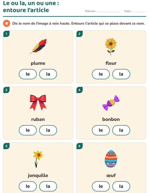 Aperçu de la fiche Le ou la avec Pâques pour École maternelle (grande section, 5-7 ans)