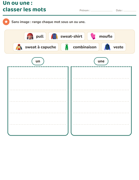 Aperçu de la fiche Le ou la avec Vêtements pour CP (cours préparatoire)
