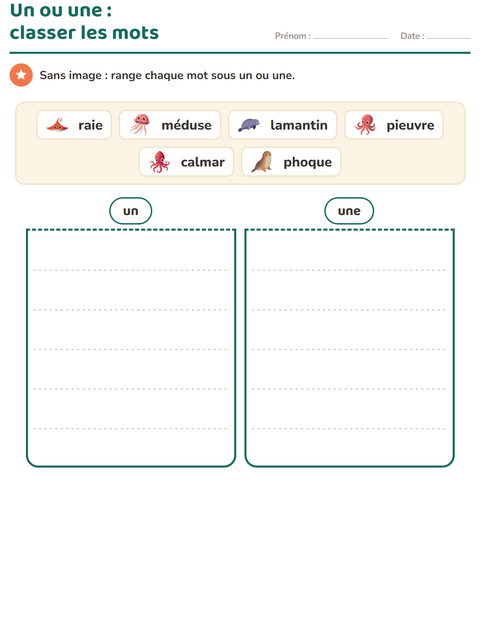 Aperçu de la fiche Le ou la avec Vie océanique pour CP (cours préparatoire)