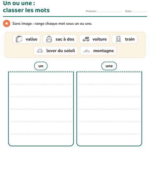 Aperçu de la fiche Le ou la avec Voyages et Vacances NB pour CP (cours préparatoire)