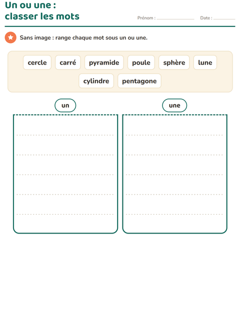 Aperçu de la fiche Le ou la avec Formes pour CP (cours préparatoire)