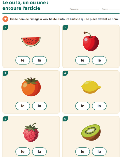 Aperçu de la fiche Le ou la avec Fruits pour École maternelle (grande section, 5-7 ans)