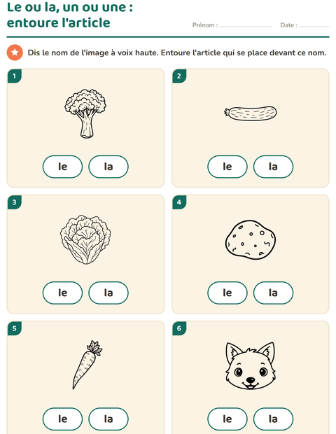 Aperçu de la fiche Le ou la avec Légumes NB pour École maternelle (grande section, 5-7 ans)