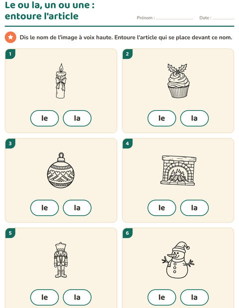Aperçu de la fiche Le ou la avec Noël N&B 2 pour École maternelle (grande section, 5-7 ans)