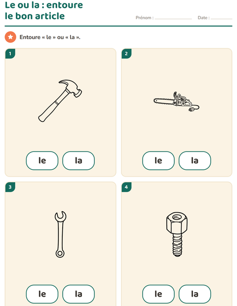 Aperçu de la fiche Le ou la avec Outils NB pour École maternelle (grande section, 5-7 ans)