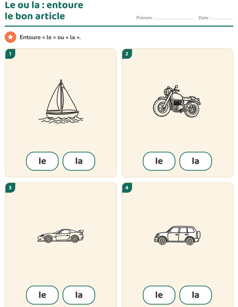 Aperçu de la fiche Le ou la avec Véhicules NB pour École maternelle (grande section, 5-7 ans)