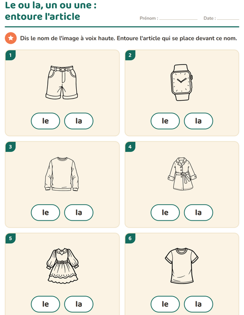 Aperçu de la fiche Le ou la avec Vêtements NB pour École maternelle (grande section, 5-7 ans)