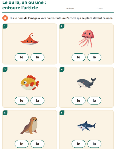 Aperçu de la fiche Le ou la avec Vie océanique pour École maternelle (grande section, 5-7 ans)