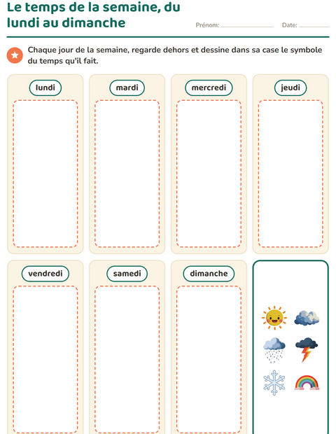 Aperçu de la fiche Le temps qu'il fait pour École maternelle (grande section, 5-7 ans)