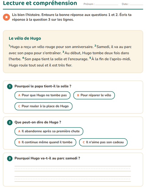 Aperçu de la fiche Lecture et compréhension pour CE1 (cours élémentaire 1)