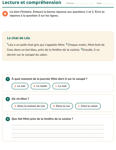 Aperçu de la fiche Lecture et compréhension pour CE1 (cours élémentaire 1)