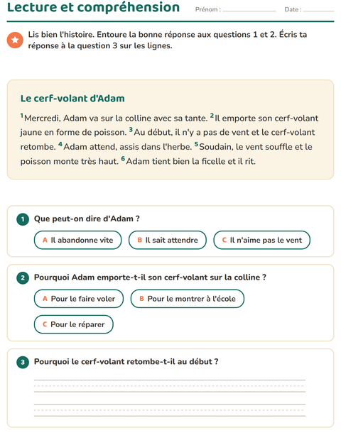 Aperçu de la fiche Lecture et compréhension pour CE1 (cours élémentaire 1)