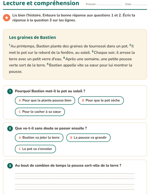 Aperçu de la fiche Lecture et compréhension pour CE1 (cours élémentaire 1)