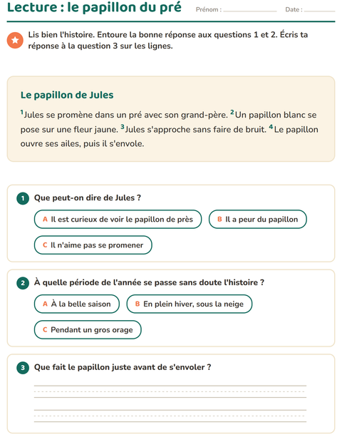 Aperçu de la fiche Lecture et compréhension pour CE1 (cours élémentaire 1)