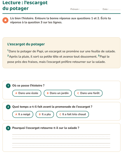 Aperçu de la fiche Lecture et compréhension pour CE1 (cours élémentaire 1)