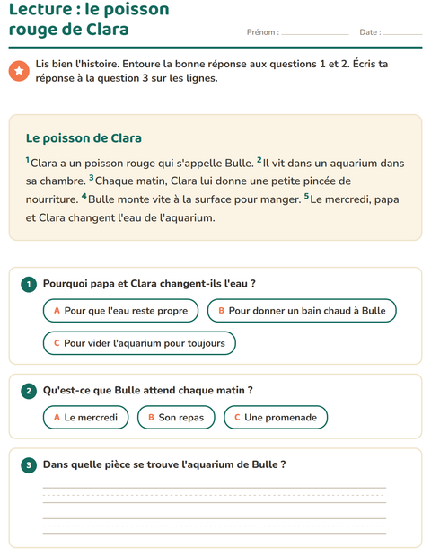 Aperçu de la fiche Lecture et compréhension pour CE1 (cours élémentaire 1)
