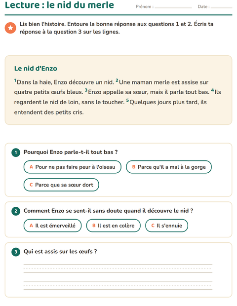 Aperçu de la fiche Lecture et compréhension pour CE1 (cours élémentaire 1)