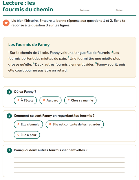 Aperçu de la fiche Lecture et compréhension pour CE1 (cours élémentaire 1)