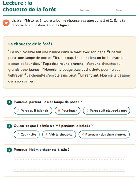 Aperçu de la fiche Lecture et compréhension pour CE1 (cours élémentaire 1)
