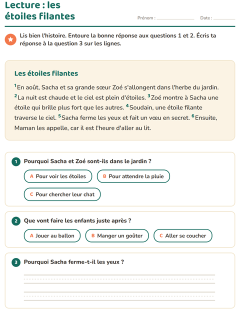 Aperçu de la fiche Lecture et compréhension pour CE1 (cours élémentaire 1)
