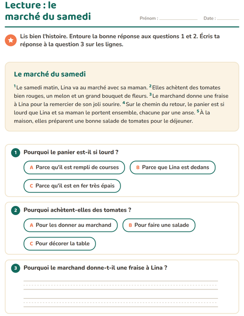 Aperçu de la fiche Lecture et compréhension pour CE1 (cours élémentaire 1)